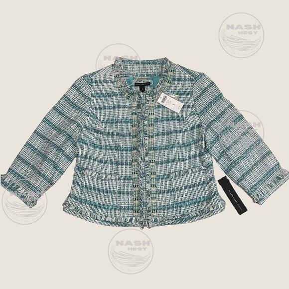Chico’s Black Label M Tweed Jacket | Embellished Shell Enamel Tile Trim Aqua NWT - Picture 1 of 9